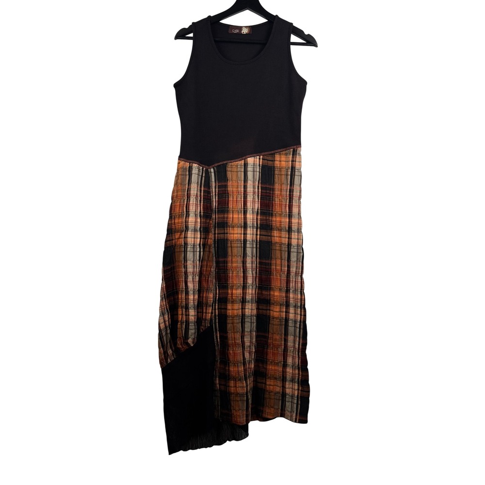 C.YOU Paris Mixed Media Dress sz M artsy Plaid Asymmetrical midi lagen